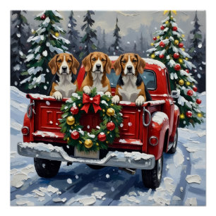 Poster Camionnette Rouge de Noël Beagle Fêtes