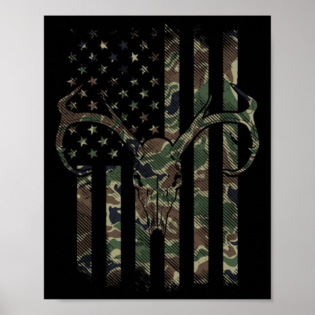 Poster Camo American Drapeau Cerf Crâne Elk Chasse Usa (Devant)