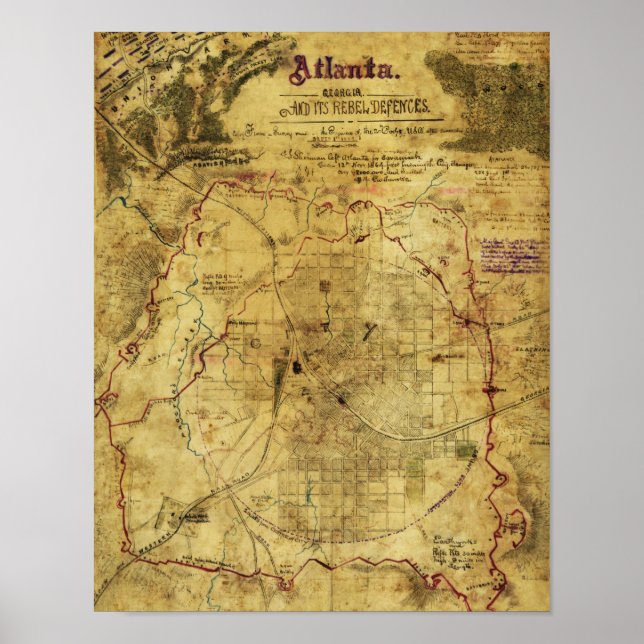 Poster Campagne Atlanta - Guerre civile Carte panoramique (Devant)