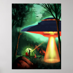 Poster Camper affronte une soucoupe volante en camping.