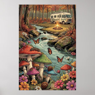 Poster Camper Rétro, Champignons, Ruisseau et Fleurs