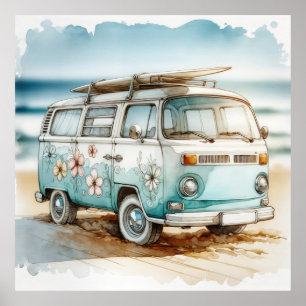 Poster Campervan Rétro avec Fleurs Hippie et Surf board