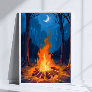 Poster Campfire Moon Peinture aquarelle de la nature