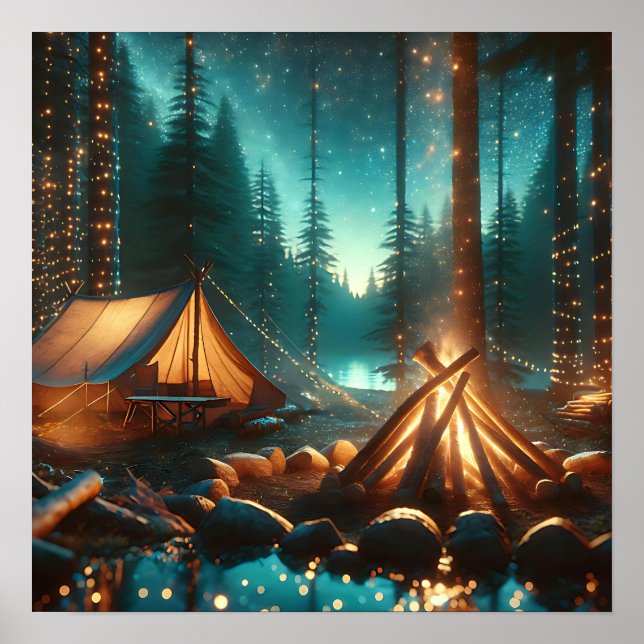 Poster Camping avec de jolies lumières (Devant)