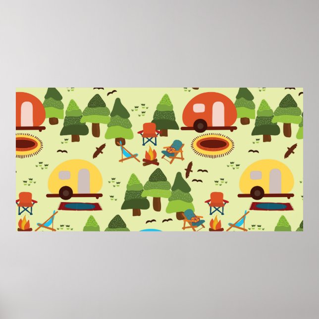 Poster Camping - caravane, chaises de camping, cheminée (Devant)