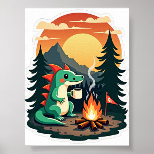 Poster Camping Rétro Feu de Camp Axolotl Pinède Sauvage