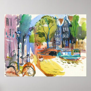 Poster Canal Amsterdam avec Vélos Aquarelle Mur Art