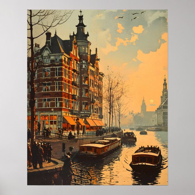 Poster Canal Charme : Carte postale Vintage Amsterdam (Devant)