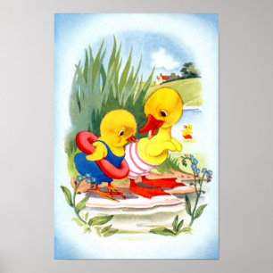 Poster Canard et poussin vont nager
