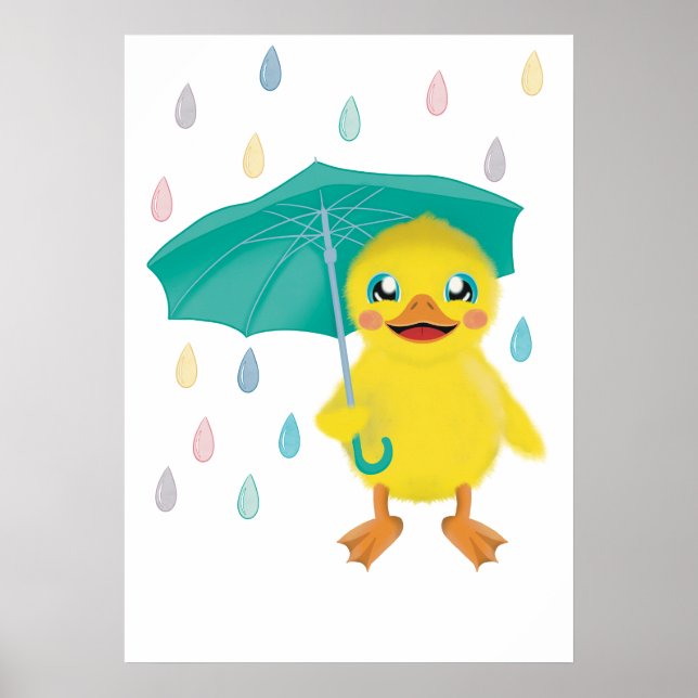 Poster Canard Mignon Avec Parapluie Sous La Pluie Arc-En- (Devant)