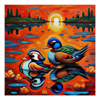 Canards mandarins au coucher du soleil