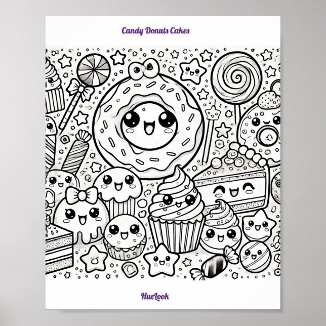 Poster candy donuts cakes coloring page (Devant)
