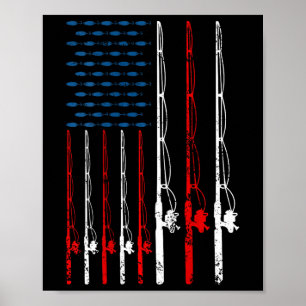 Poster Canne à pêche Drapeau Américain Amateur de Pêche V