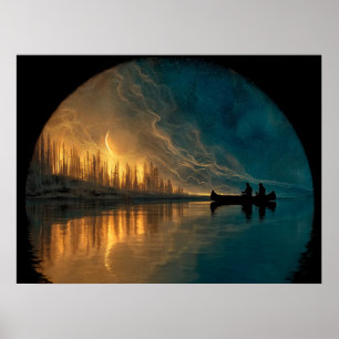 Poster Canoë et lune de croissant sur un lac