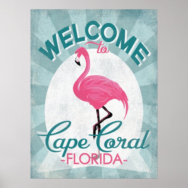 Poster Cape Coral Florida Flamant rose rose Retro (Devant)