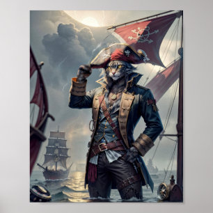 Poster Capitaine Pirate chat sur un galion qui coule - 
