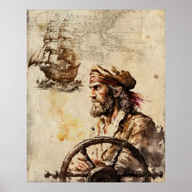Poster capitaine vintage et navire (Devant)