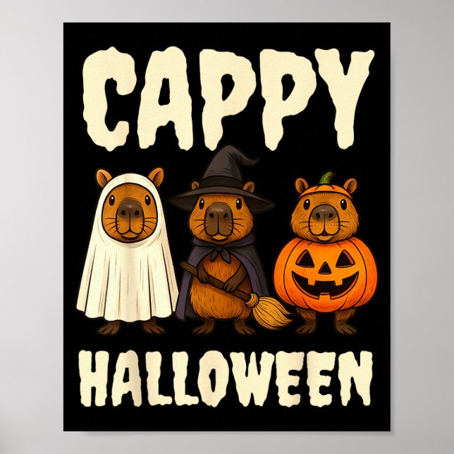 Poster Cappy Halloween Funny Capybara Ghost Witch Pumpkin (Devant)