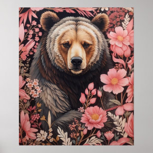 Poster Captivant Brown Ours Gaze Fleurs roses