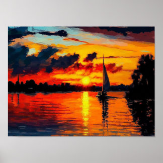 Poster Captivating Sunset Landscape Painting,River landsc
