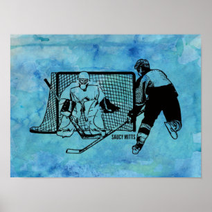 Poster Capture sur Net Hockey Croquis sur Blue Watercolor