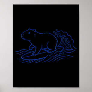 Poster Capybara drôle surfant sur une grosse vague, ambia