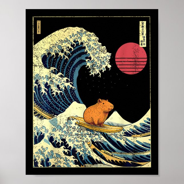 Poster Capybara Japanese Kanagawa Wave Funny Surf Animal  (Devant)