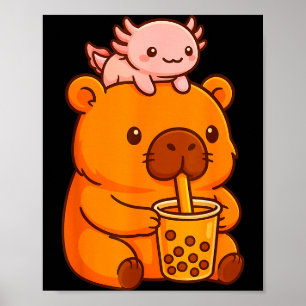 Poster Capybara Mignon Buvant du Bubble Tea et Axolotl Ka