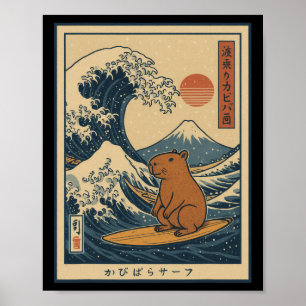 Poster Capyra surfant calmement sur la grande vague _1