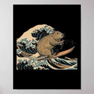 Poster Capyra Surfant sur une vague japonaise Surfeur Ani