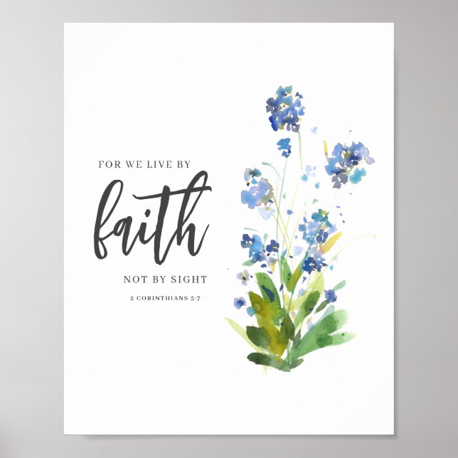 Poster Car Nous Vivons Par La Foi Bleu Floral Bible Verse (Devant)