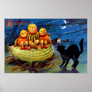 Poster Caractères citrouilles et Chat noir
