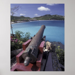 Poster CARAÏBES, Saint-Barts, Connon pointant vers la bai