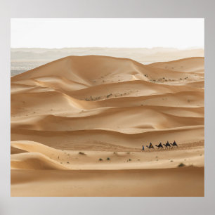 Poster Caravane en chameau, coucher du soleil du Sahara,
