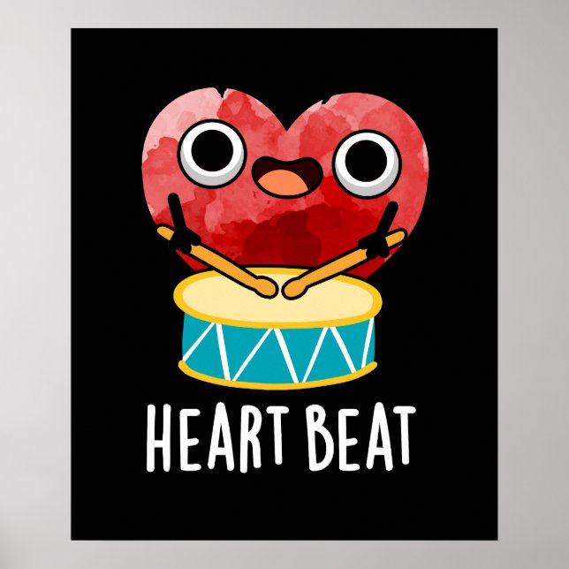 Poster Cardiaque Beat Funny Coeur Drummer Pun Dark BG (Devant)