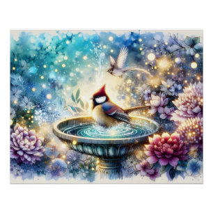 Poster Cardinal au bain d'oiseaux Jardin de rêve