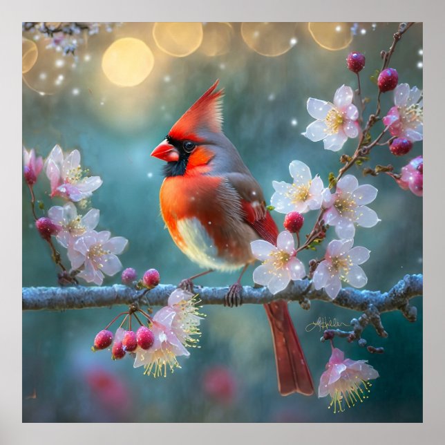 Poster Cardinal masculin en fleurs de cerisiers au clair  (Devant)