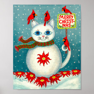 Poster Cardinal oiseau bonhomme de neige Poinsettia neige