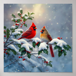 Poster Cardinaux rouges et houx dans la neige