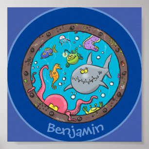 Poster Caricature amusante des créatures marines