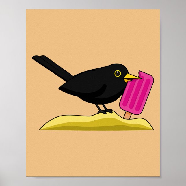 Poster Caricature Blackbird Manger Une Crème De Glace (Devant)