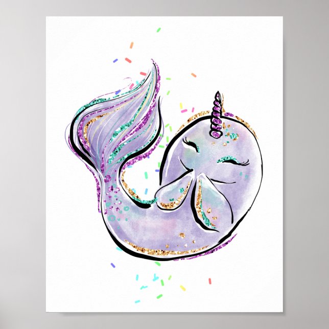Poster Caricature Cute Narwhal Kawaii Illustration Ajoute (Devant)