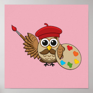 Poster Caricature de Chouette Peintre Cute