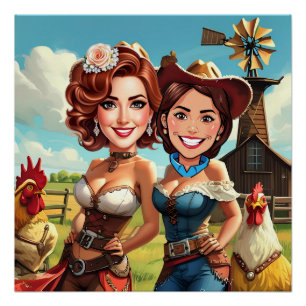 Poster Caricature de cow-girls de mariée drôle