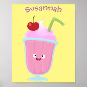 Poster Caricature de crème glacée de fraise mignonne