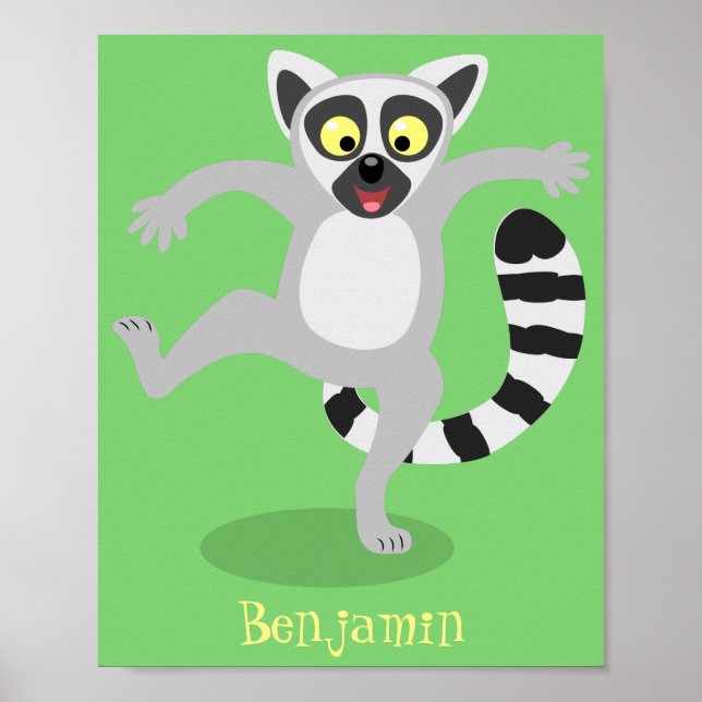 Poster Caricature de danse lémurienne en anneau mignon (Devant)