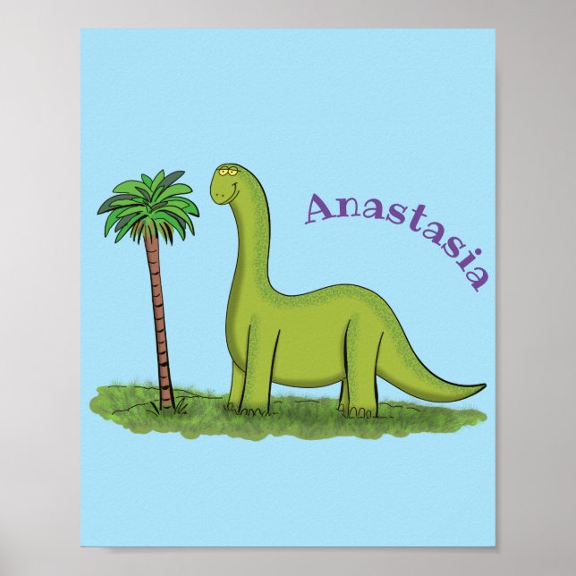 Poster Caricature de dinosaure de brontosaurus vert migno (Devant)
