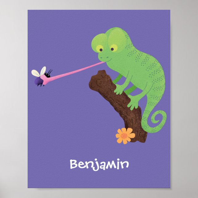 Poster Caricature de lézard de caméléon vert joyeux (Devant)