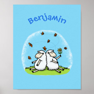 Poster Caricature de moutons mignons amis et papillons
