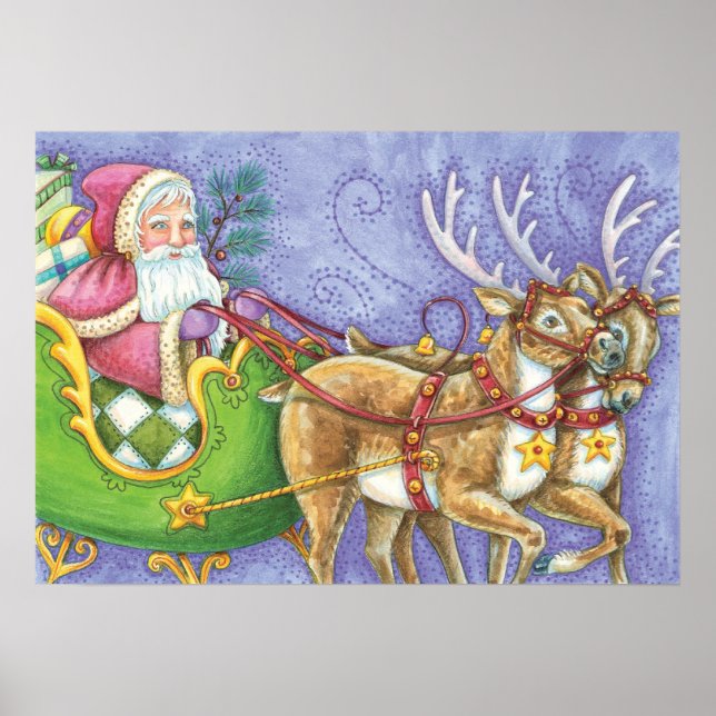 Poster Caricature de Noël Santa Claus Sleigh Reindeer (Devant)